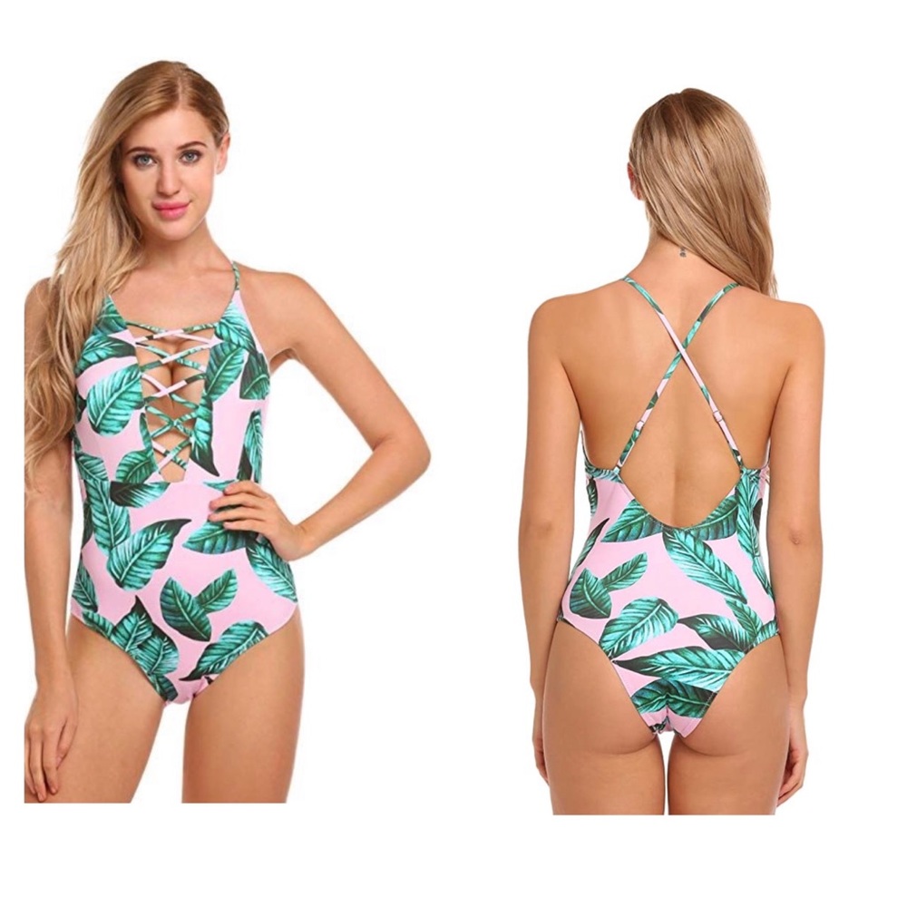 Ekouaer Pink & Green Leaf Crisscross One piece Swimsuit Size XXL